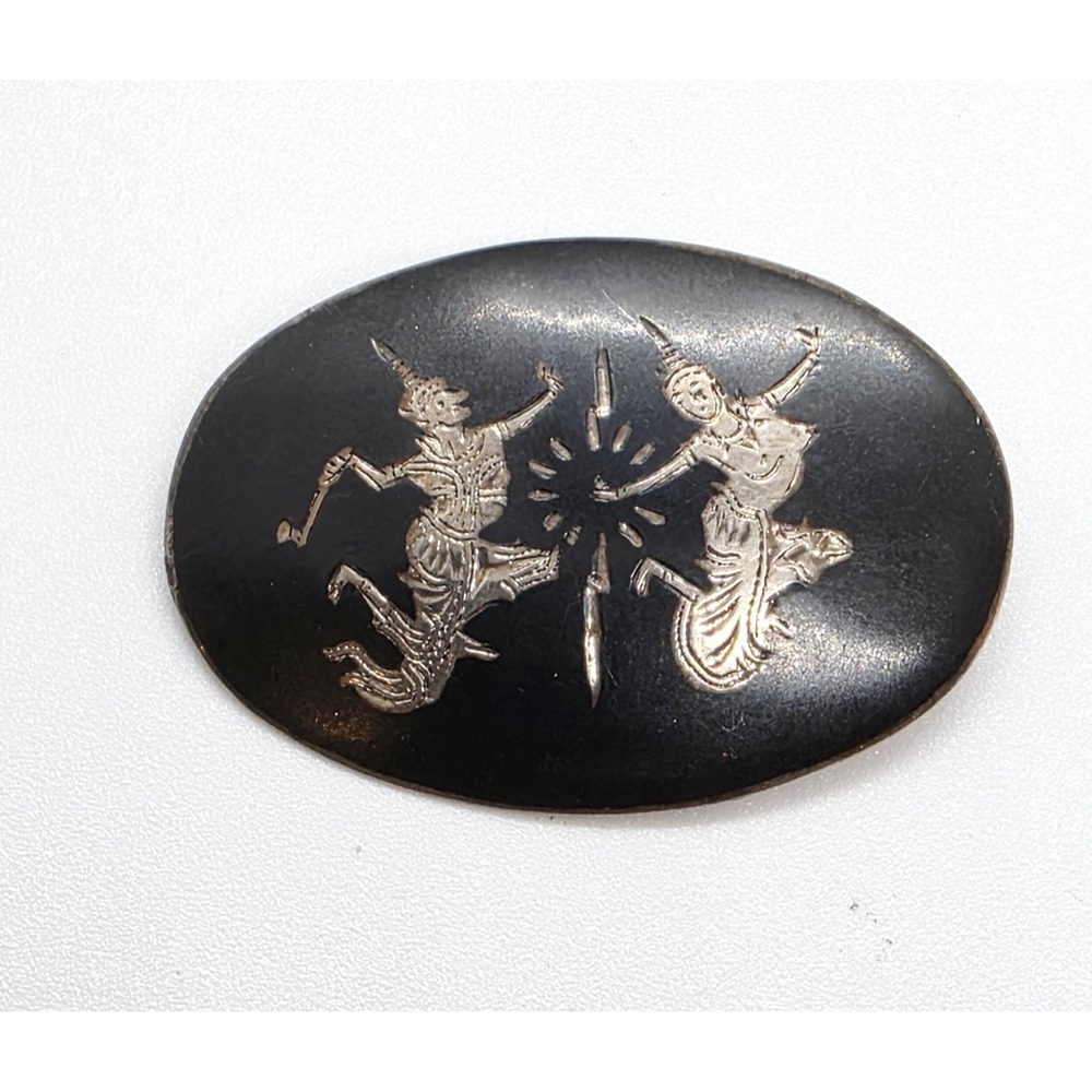 Vintage Siam Sterling Silver Black Etched Goddess Mid Century Oval Brooch Pin